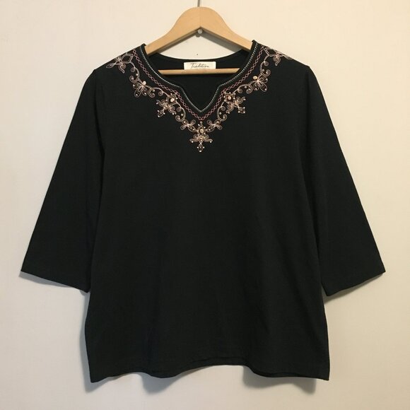 Vintage Black Bohemian Tee With Stitchwork and Beadwork - Picture 1 of 14